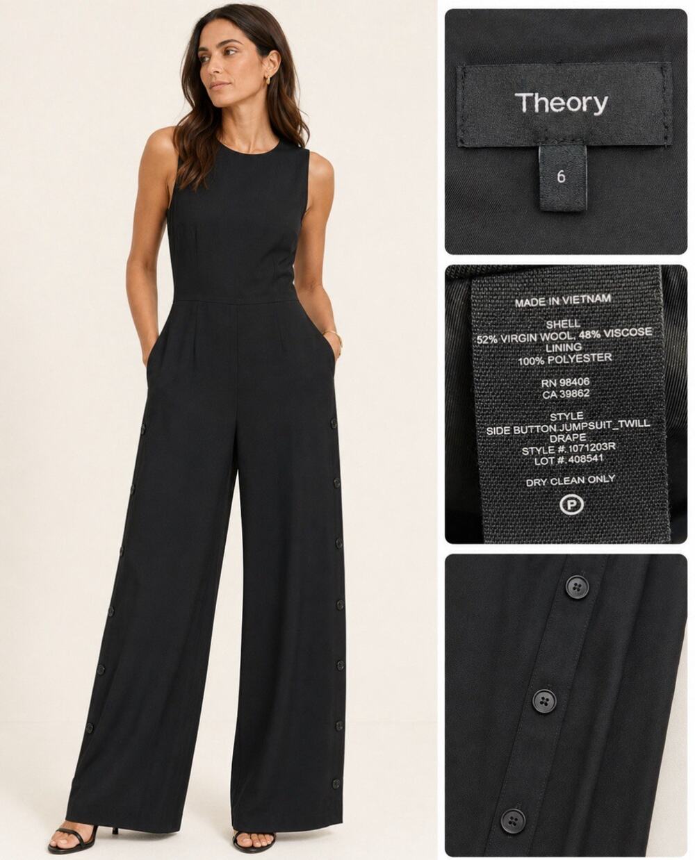 Theory Women's Wool Blend Wide Leg Side Button Jumpsuit Size 6 Black Sleeveless